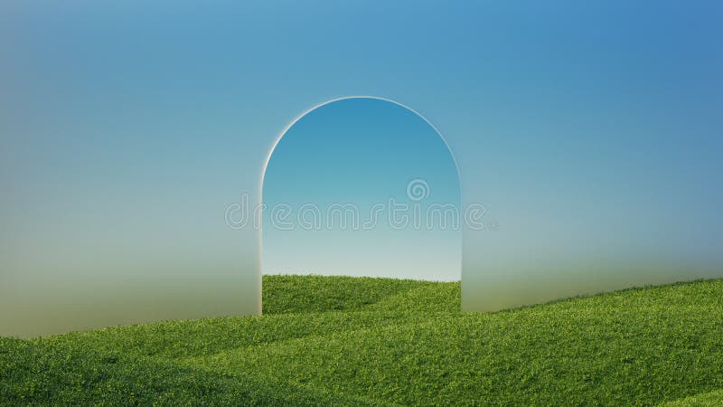 3d отрисовка абстрактного панорамного фона. минимальный ландшафт с зелеными холмами и стеклянной аркой под голубым небом. современ иллюстрация вектора