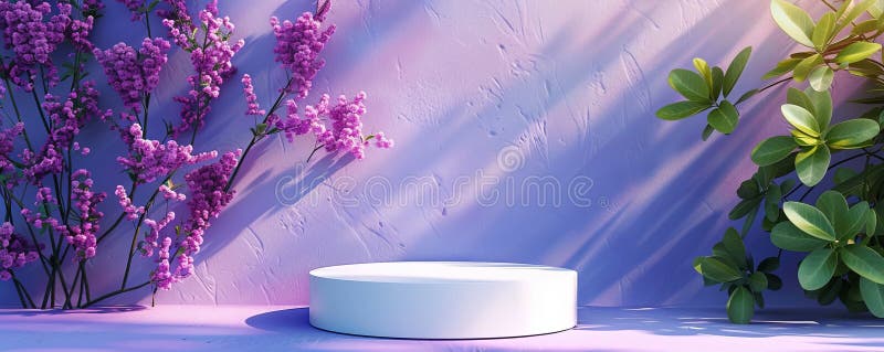 3d отрисовка абстрактного фона с подиумом и фиолетовыми цветами иллюстрация штока