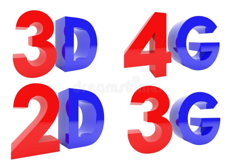 3D Rendering of 3D, 2D, 4G, 3G text on white background, clipping path inside. 3D Rendering of 3D, 2D, 4G, 3G text on white background, clipping path inside