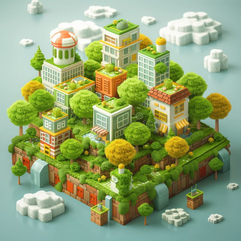 3d пиксель иллюстрация пышно-зеленый cityscape современные здания обилие деревьев плавающий остров бесплатная иллюстрация