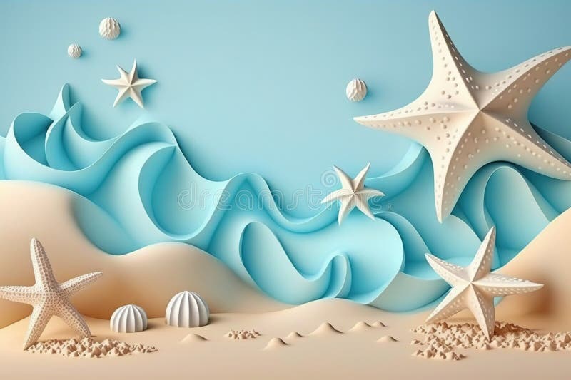 3d пляжная сцена с звездочкой и шельками. пластичный глиняной тесто для детей бесплатная иллюстрация