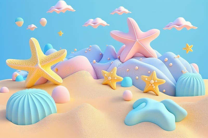 3d пляжная сцена с звездочкой и шельками. пластичный глиняной тесто для детей иллюстрация вектора