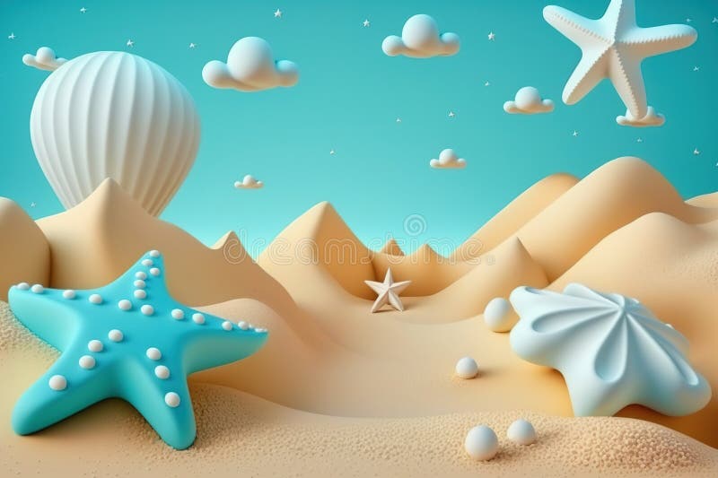 3d пляжная сцена с звездочкой и шельками. пластичный глиняной тесто для детей бесплатная иллюстрация