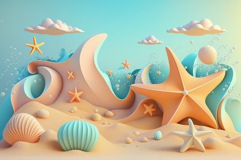 3d пляжная сцена с звездочкой и шельками. пластичный глиняной тесто для детей бесплатная иллюстрация