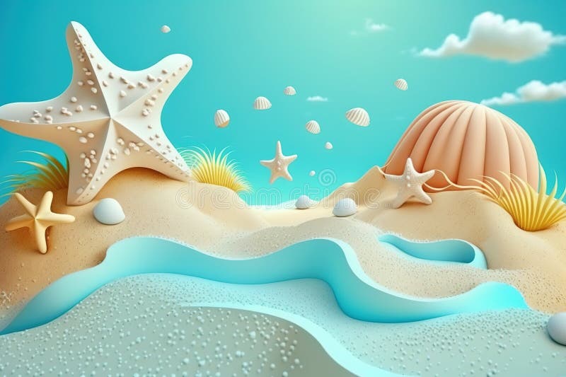3d пляжная сцена с звездочкой и шельками. пластичный глиняной тесто для детей бесплатная иллюстрация