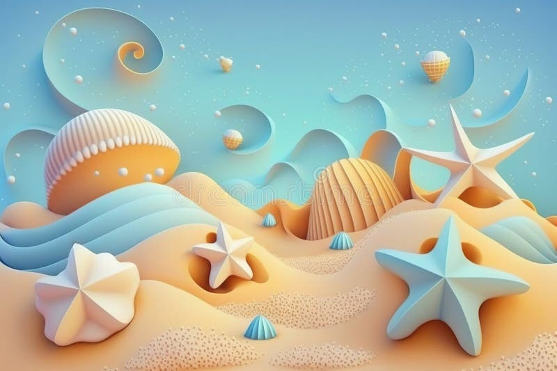 3d пляжная сцена с звездочкой и шельками. пластичный глиняной тесто для детей бесплатная иллюстрация