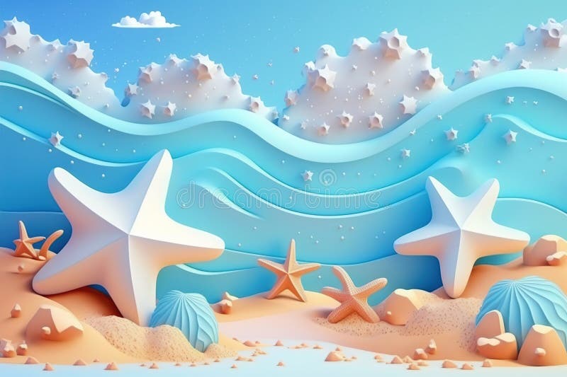 3d пляжная сцена с звездочкой и шельками. пластичный глиняной тесто для детей иллюстрация штока