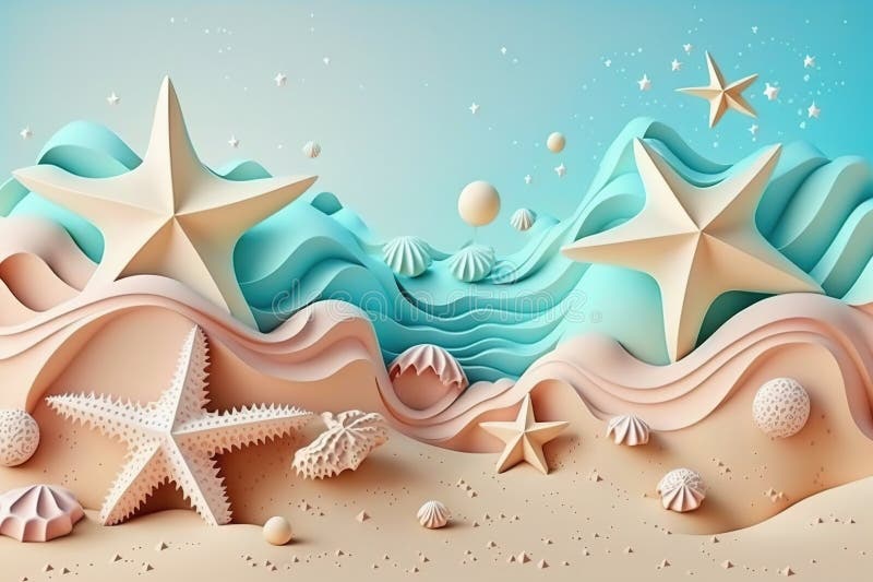 3d пляжная сцена с звездочкой и шельками. пластичный глиняной тесто для детей иллюстрация штока