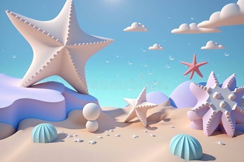 3d пляжная сцена с звездочкой и шельками. пластичный глиняной тесто для детей иллюстрация вектора