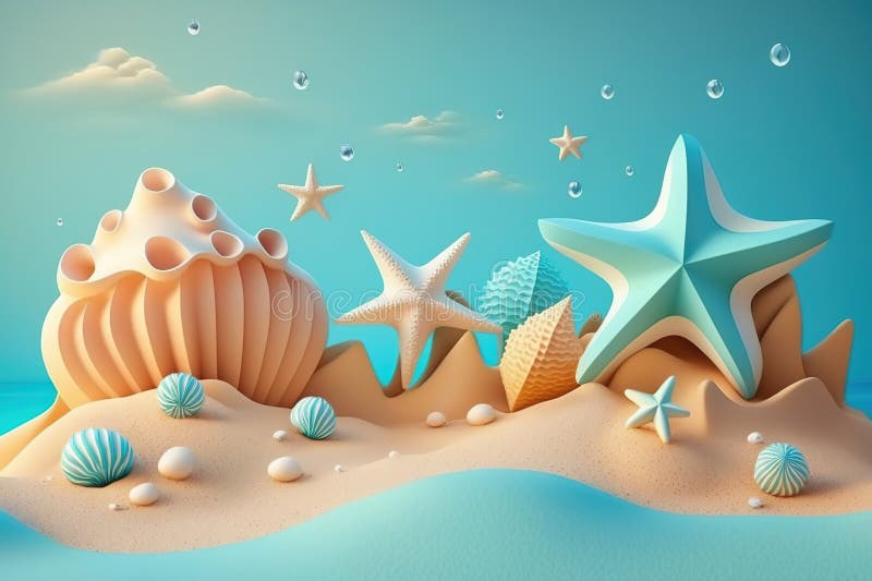 3d пляжная сцена с звездочкой и шельками. пластичный глиняной тесто для детей иллюстрация штока