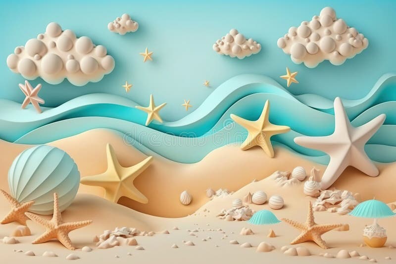 3d пляжная сцена с звездочкой и шельками. пластичный глиняной тесто для детей иллюстрация штока