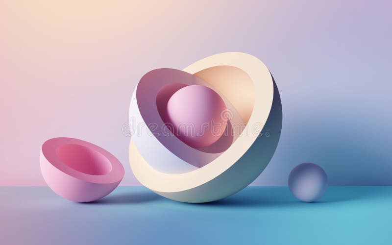 3d представляют, абстрактная предпосылка, пастельные неоновые шарики, примитивные геометрические формы, простой модель-макет, мин иллюстрация вектора