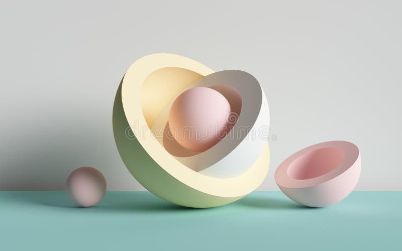3d представляют, абстрактная предпосылка, шарик, примитивные геометрические формы, палитра пастельного цвета, простой модель-маке иллюстрация вектора