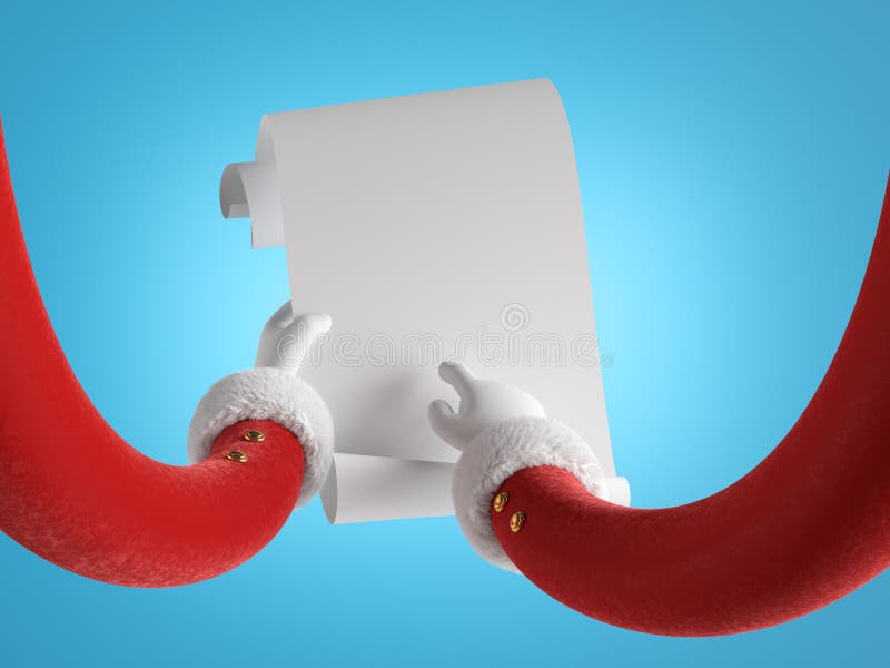 3d представляют деда мороза руки в красных рукавах с белыми перчатками держат белый список целей, указанный макет страницы письма иллюстрация вектора