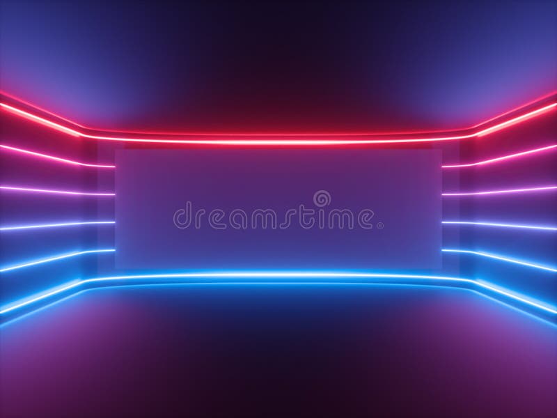 3d представляют, красное голубое неоновое свето, накаляя линии, пустой горизонтальный экран, спектр ультрафиолетова, пустая комна 3d представляют, красное голубое неоновое свето, накаляя линии, пустой горизонтальный экран, спектр ультрафиолетова, пустая комна