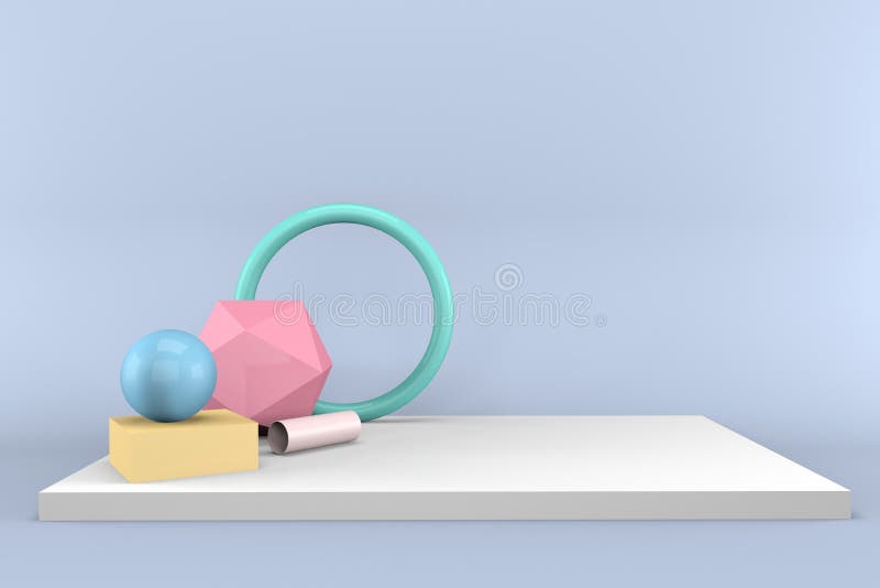 3d представляют подиум с цветными абстрактными геометрическими формами на синем фоне иллюстрация вектора