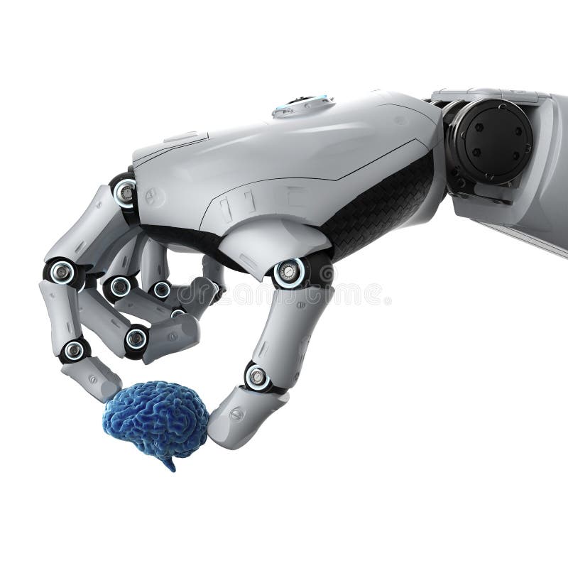 3d rendering robotic hand holding blue brain. 3d rendering robotic hand holding blue brain