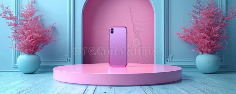 3d-рендер макета iphone на розовом подиуме с ярким декором бесплатная иллюстрация