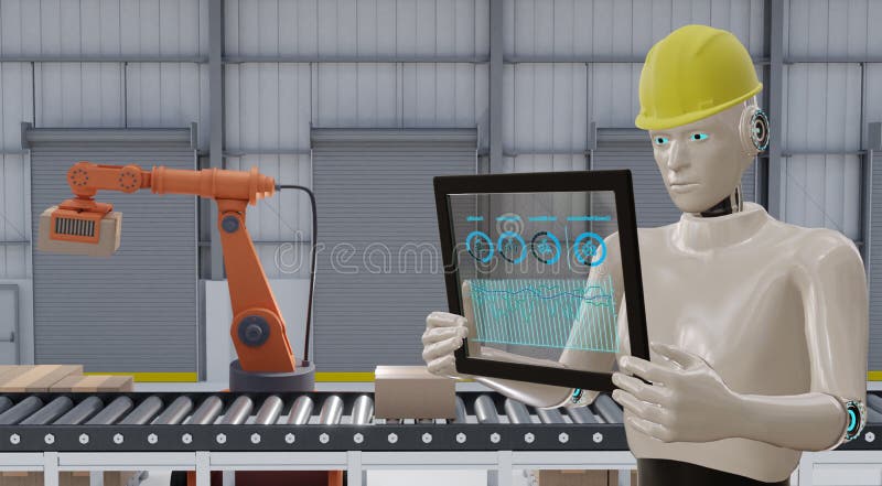 3d рендеринг, iot отрасль 4 0 концепции,промышленный робот, использующий умные очки с дополнением смешанный с технологией виртуал иллюстрация вектора