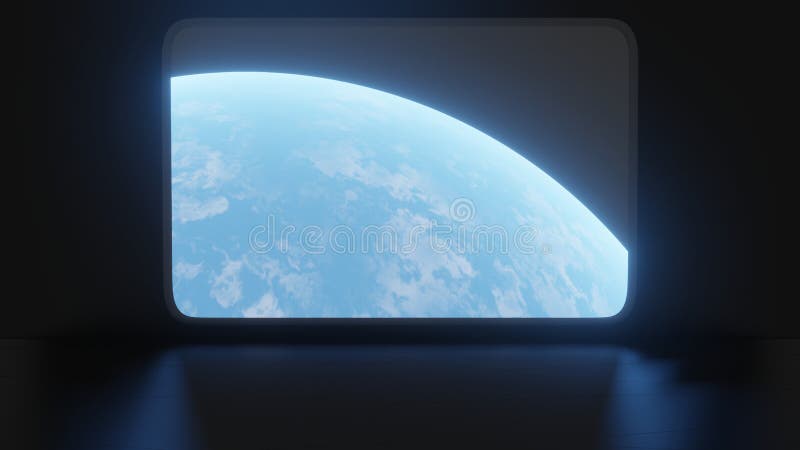 3D-рендеринг планеты Земля с синей светящейся атмосферой и облаками из окна большого стекла на космической станции бесплатная иллюстрация 3D-рендеринг планеты Земля с синей светящейся атмосферой и облаками из окна большого стекла на космической станции бесплатная иллюстрация