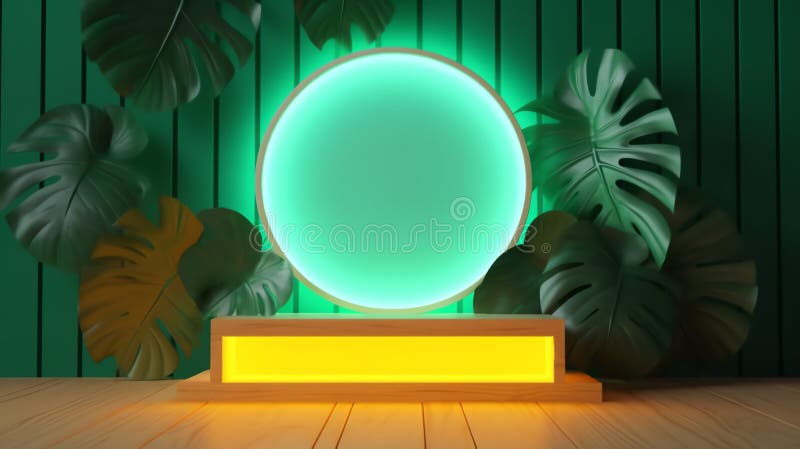 3d рендеринг-подиум с неоновым светом и тропическим растением иллюстрация вектора