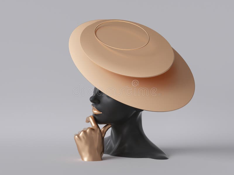 3d рендеринг, черная манекенская голова, изолированная на белом фоне, золотая рука, леди в необычной шляпе золота, модная концепц бесплатная иллюстрация