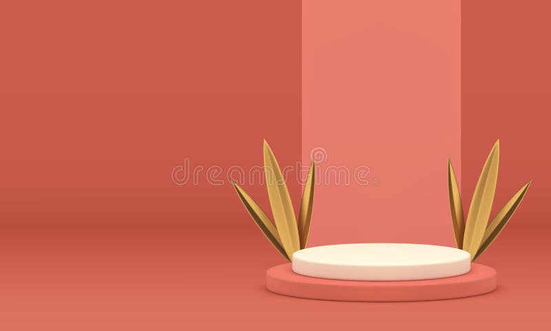 3d роскошный подиум с золотыми листьями травы для продукта показать реалистичный вектор иллюстрации. пастельный элегантный цилиндр пьедестал с настенным фоном премиум макет для презентации рекламы