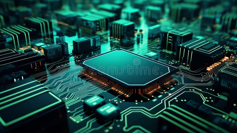 3d системная плата cityscape в черном и неоновом бирюзовом абстрактном и объемном фоне стоковое изображение