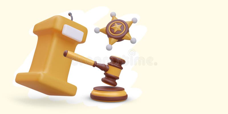 3d трибуна с микрофоном судьи деревянный gavel металл звезда. понятие выступления в суде иллюстрация штока