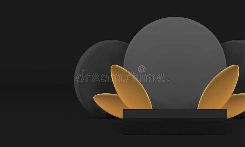3d черный подиум с золотистыми листьями для презентации продукта иллюстрация штока