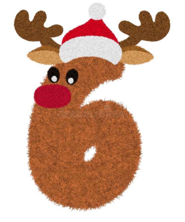 3D â€œBrown Reindeer wool fur feather Number Charactorâ€ creative decorative with Red Christmas hat, Number 6.