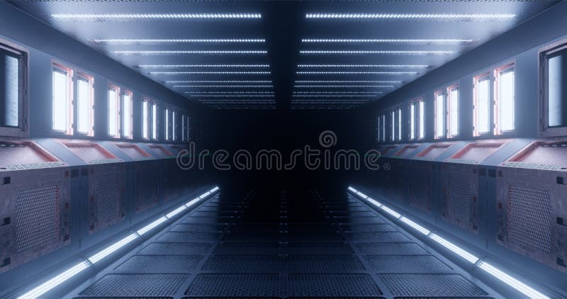 3d?? 空间站的意想不到的走廊或太空船的未来派内部在浅兰的霓虹照明设备的 库存例证 3d?? 空间站的意想不到的走廊或太空船的未来派内部在浅兰的霓虹照明设备的 库存例证