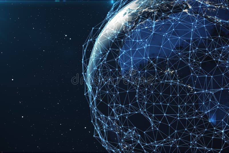 3D翻译网络和数据交换在空间的行星地球 在地球地球附近的连接线 全球 向量例证 3D翻译网络和数据交换在空间的行星地球 在地球地球附近的连接线 全球 向量例证