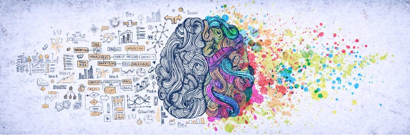 Da esquerda à direita conceito do cérebro humano, ilustração textured Parte esquerda e direita criativa do cérebro humano, emotia