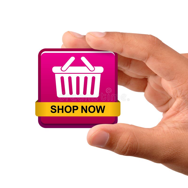 Hand showing shop now icon web button on isolated white background. Hand showing shop now icon web button on isolated white background