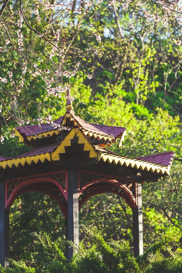 Dach des hölzernen Gazebo im grünen Busch lizenzfreie stockfotos Dach des hölzernen Gazebo im grünen Busch lizenzfreie stockfotos