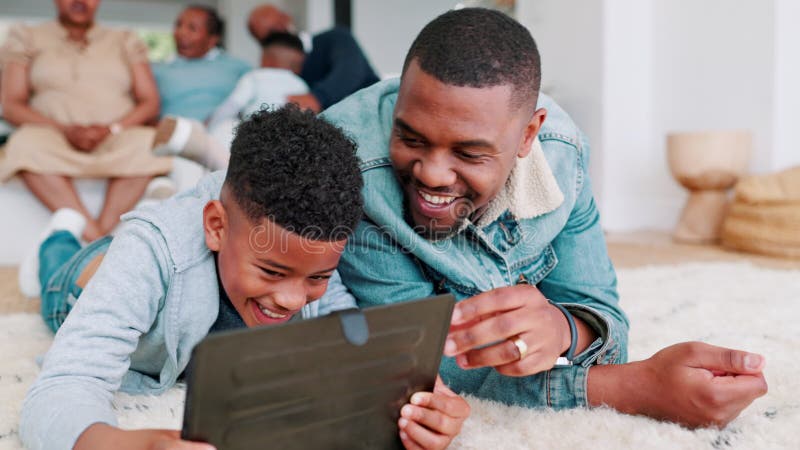 Dad, Boy and Tablet on Floor, Family or Laugh Together at Meme, Comic