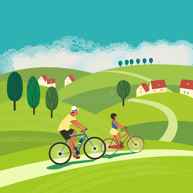 Dad and Daughter ride bicycles flat color vector