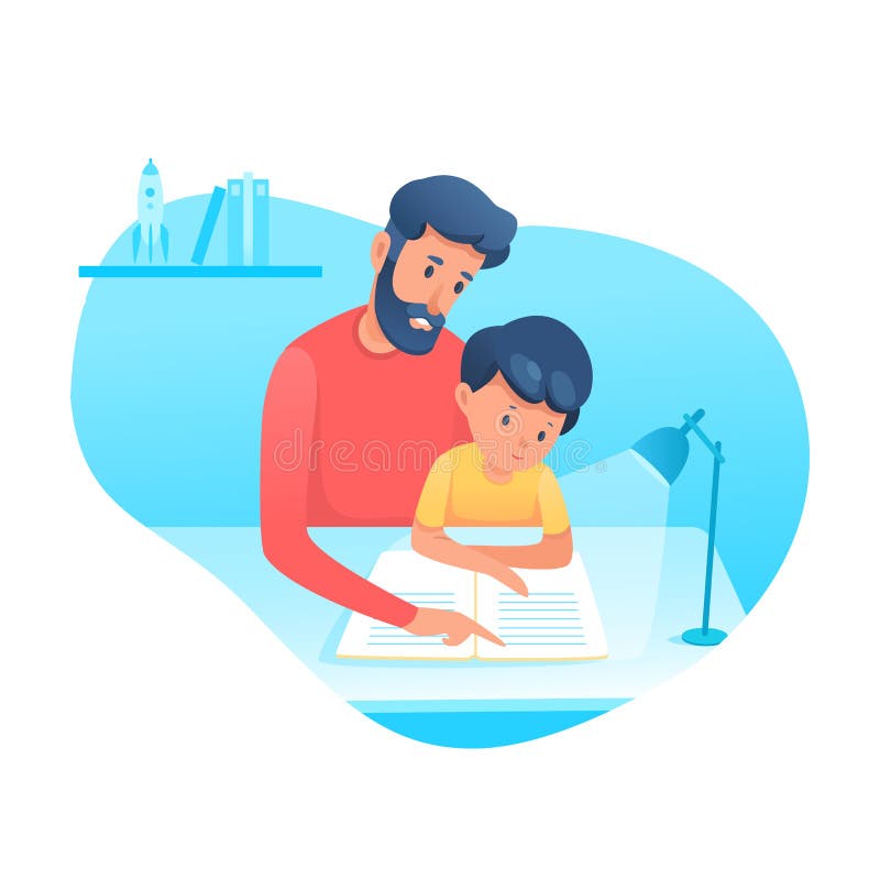 Dad helping son with homework flat illustration. Parenting, fatherhood vector illustration. Father educating kid isolated clipart. Family time. Parent teaching vector illustration Dad helping son with homework flat illustration. Parenting, fatherhood vector illustration. Father educating kid isolated clipart. Family time. Parent teaching vector illustration
