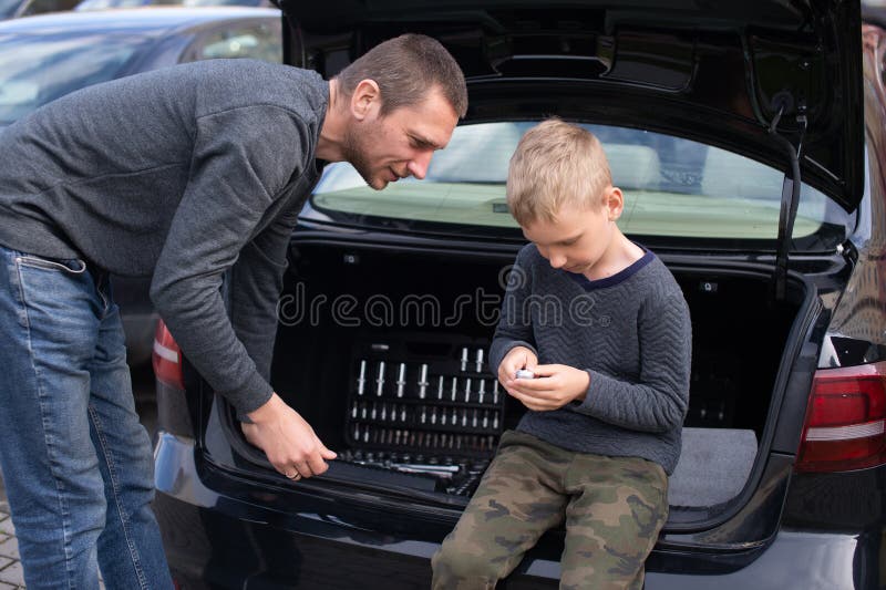 Dad Teaches His Cute Son To Use a Car Repair Tool Stoc Adult Pic Hq