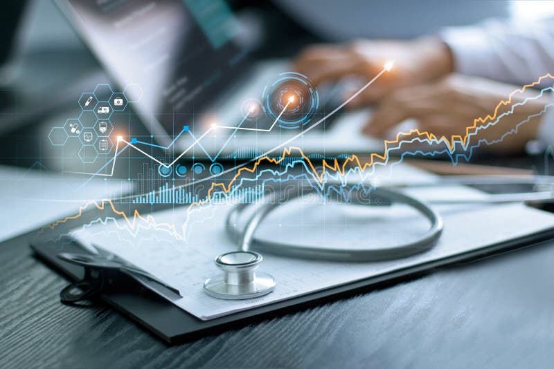 Dados e crescimento de gráficos de empresas de saúde, Stetoscope com a área de notificação de saúde do médico na mesa, exame médi
