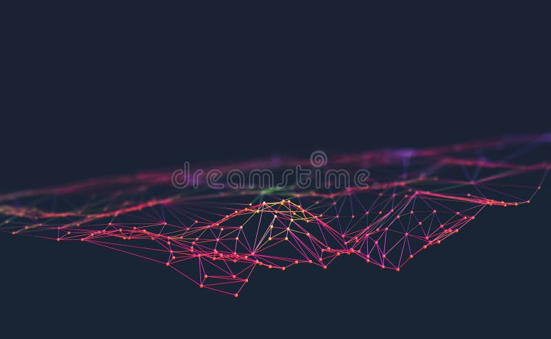 Big data. Neural network and artificial intelligence 3D illustration. Polygonal mesh with shallow depth of field effect on a dark background. Big data. Neural network and artificial intelligence 3D illustration. Polygonal mesh with shallow depth of field effect on a dark background