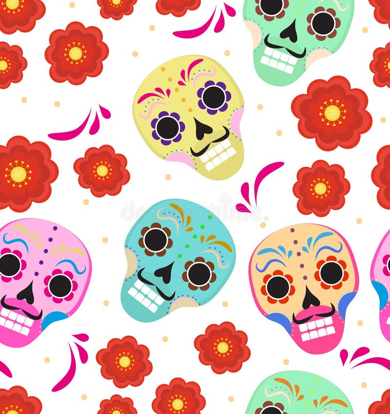 Dag av den döda ferien i Mexico den sömlösa modellen med sockerskallar Skelett- ändlös bakgrund de diameter muertos vektor illustrationer Dag av den döda ferien i Mexico den sömlösa modellen med sockerskallar Skelett- ändlös bakgrund de diameter muertos vektor illustrationer