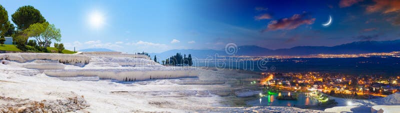 Dag en nacht, zon en maancollage van Pamukkale, Turkije stock foto's Dag en nacht, zon en maancollage van Pamukkale, Turkije stock foto's