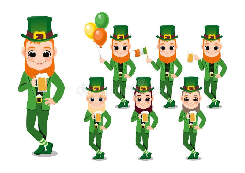 Dag med leprechaun-pojke med ölglas, irländsk flagga och irländsk ballong. vektor illustrationer