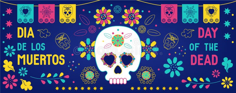 Dagen för de döda, Dia de los muertos bakgrund, banderoll, hälsningskort med mexikansk buntning, sockerskalle eller kalavera stock illustrationer Dagen för de döda, Dia de los muertos bakgrund, banderoll, hälsningskort med mexikansk buntning, sockerskalle eller kalavera stock illustrationer