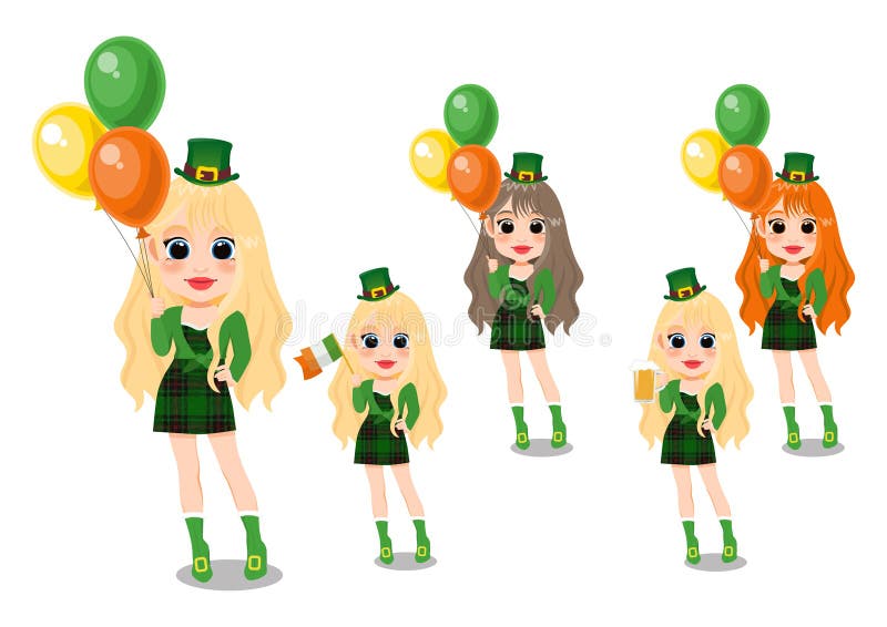 Dagen med vackra leprechaun-flicka med ölglasiransk flagga och irländsk ballong. vektor illustrationer