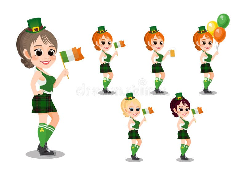 Dagen med vackra leprechaun-flicka med ölglasiransk flagga och irländsk ballong. royaltyfri illustrationer