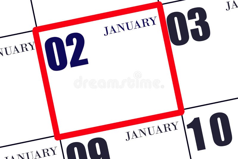 Date 2 January in a frame on the calendar, mockup, copy space. Calendar for January. Winter month, day of the year concept. Date 2 January in a frame on the calendar, mockup, copy space. Calendar for January. Winter month, day of the year concept.