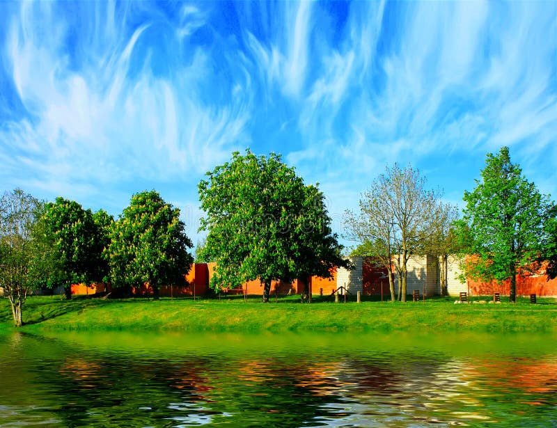 Bright blue sky with clouds, green plants and trees are reflecting in the water in warm summer day. Bright blue sky with clouds, green plants and trees are reflecting in the water in warm summer day.